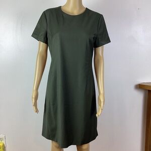 Theory Olive Green Jatinn Continuous Wool Blend Shift Dress Short Sleeve 10